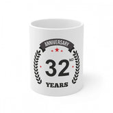 White ceramic 32nd anniversary printed coffee mug, holds 330ml